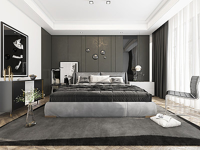 3d黑白灰卧室床模型