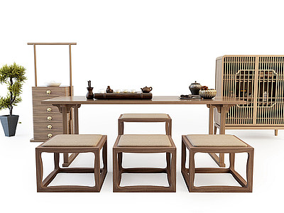 中式茶桌椅组合模型