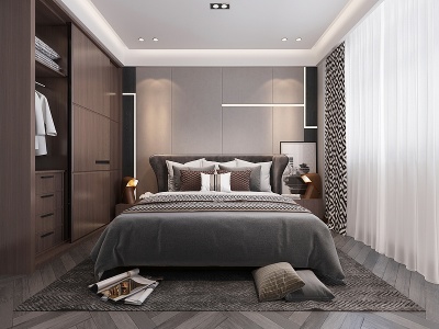 简约卧室挂画双人床模型3d模型