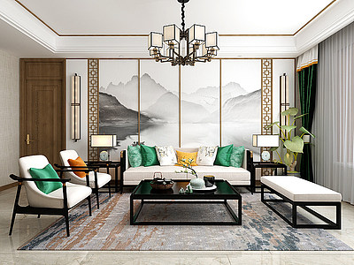 3d新中式客厅沙发背景模型