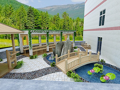 3d新中式屋顶花园模型
