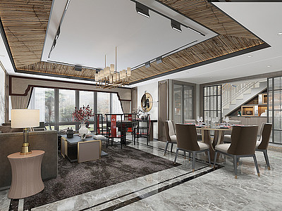 3d新中式别墅客餐厅模型