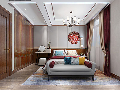 新中式卧室吊灯挂画模型3d模型