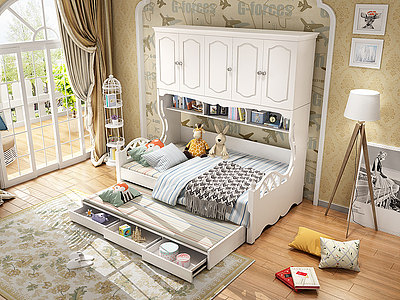 3d美式卧室儿童双层床模型