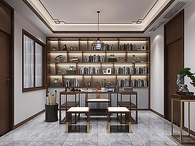 3d新中式客餐厅书房茶室模型