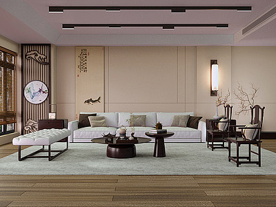 新中式客厅红木沙发茶几模型
