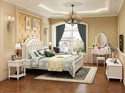 3d美式卧室白色床模型