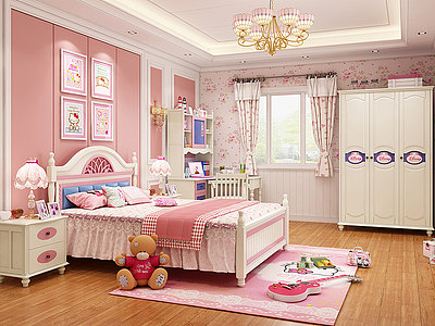 美式卧室女孩儿童房模型