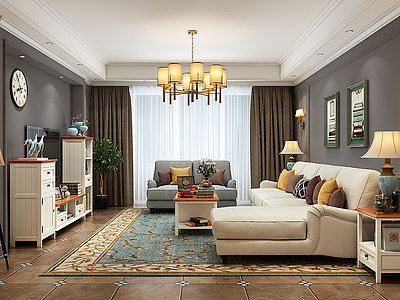 3d美式客厅多人沙发茶几模型