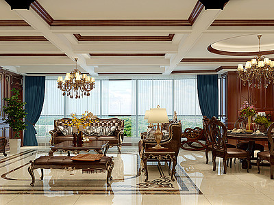 3d美式客厅餐厅沙发餐桌模型