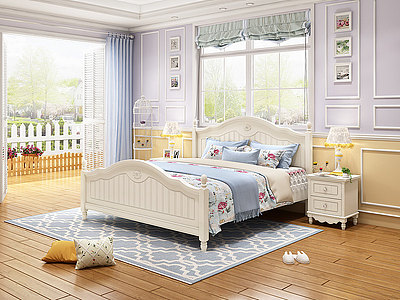 美式卧室白色床模型