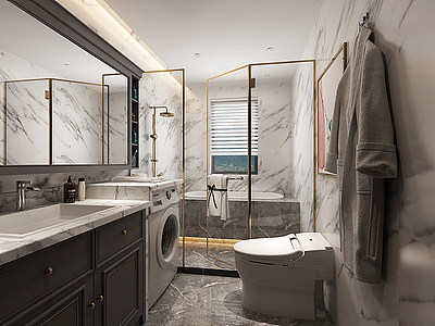 3d美式卫生间镜子浴室柜模型