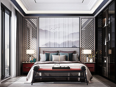 新中式卧室双人床模型3d模型