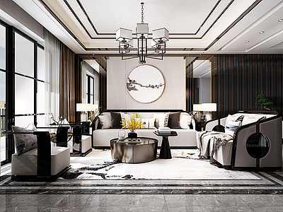 3d新中式客厅组合沙发茶几模型