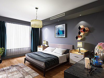 3d北欧卧室双人床台灯模型