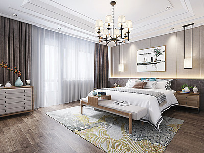 新中式主卧室床床品模型