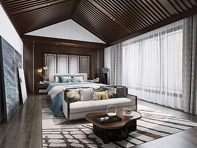 新中式卧室挂画双人床模型