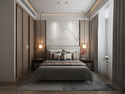 3d新中式风格卧室吊灯双人床模型