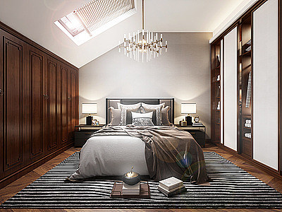 3d新中式阁楼卧室模型