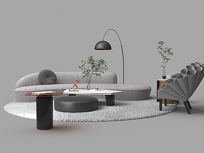 现代布艺沙发茶几组合模型