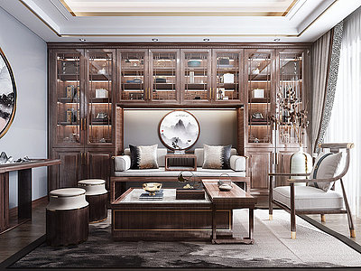 新中式风格书房茶室书柜模型3d模型
