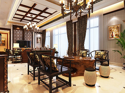 新中式客厅餐厅模型