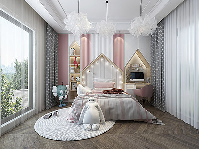 北欧风格儿童房吊灯儿童床模型3d模型