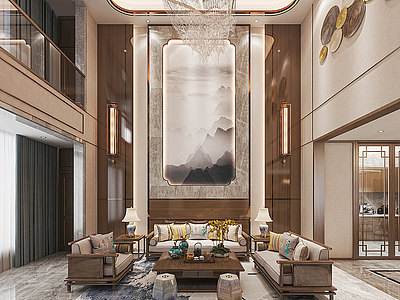 新中式别墅客厅模型