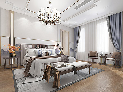 3d新中式卧室吊灯双人床模型