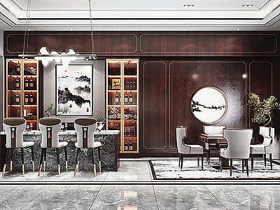 新中式风格餐吧台休闲区3d模型