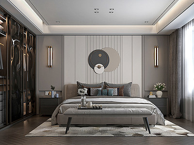 3d诧寂风卧室背景墙床模型