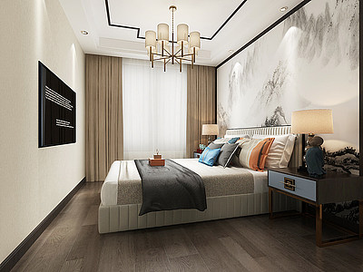 3d新中式卧室吊灯壁画模型