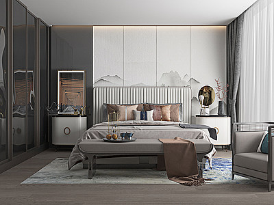 新中式卧室床头背景模型