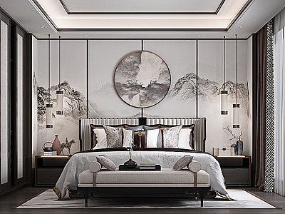 新中式卧室床头背景模型