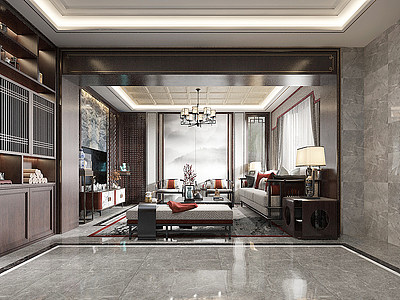 新中式客厅吊灯书柜模型3d模型