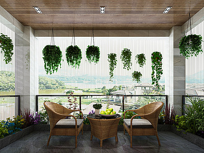 3d新中式阳台花园阳台藤椅模型