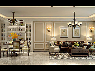 美式客厅餐厅沙发餐桌模型3d模型