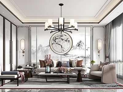 新中式客厅沙发茶几模型