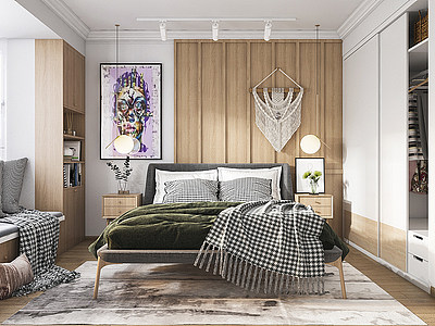 北欧卧室墙板床模型3d模型