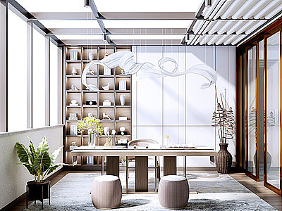 新中式阳光房茶室模型