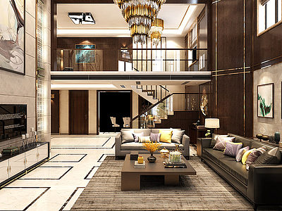 新中式别墅跃层客厅模型