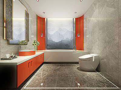 3d新中式卫生间镜子浴室柜模型