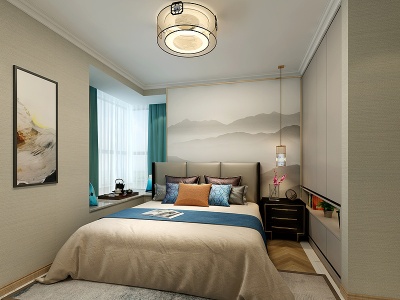 3d新中式卧室床吸顶灯模型