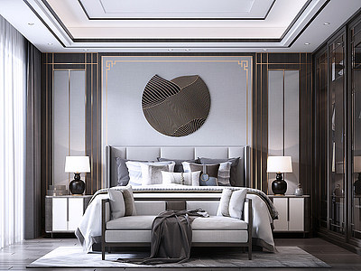 新中式卧室床衣柜模型3d模型