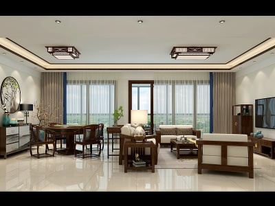 3d新中式客厅餐厅沙发模型