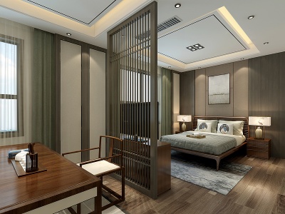 3d新中式卧室主卧床模型
