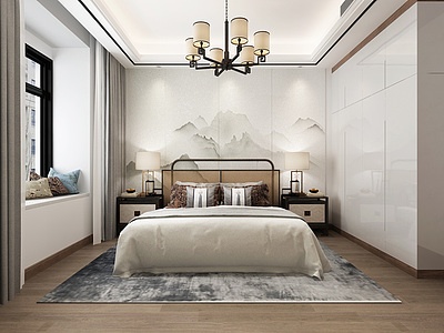 新中式卧室吊灯壁画模型3d模型