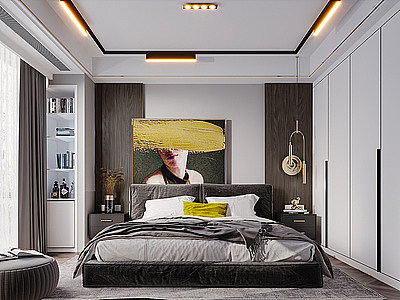 3d卧室床衣柜窗帘挂画吊灯模型