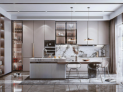 3d现代餐厅开放式厨房模型