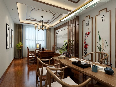 3d新中式书房茶室书桌模型